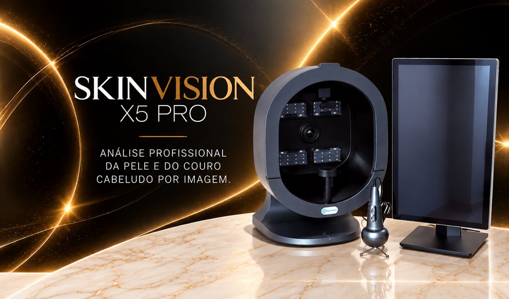 Arte do SkinVision X5 Pro: o nome em letreiro dourado sobre fundo preto com arcos de luz, a assinatura «Análise profissional da pele e do couro cabeludo por imagem» e o equipamento sobre bancada de mármore — a câmara de captura em anel, a sonda microscópica e o monitor vertical