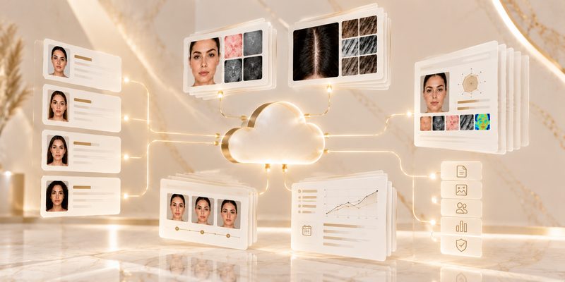 Ilustração da gestão em nuvem: fichas de clientes, imagens, relatórios e gráficos conectados a um ícone de nuvem