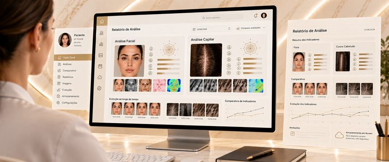 Ilustração de um relatório de análise na tela do computador e impresso, com análise facial, análise capilar, comparativo e evolução ao longo do tempo